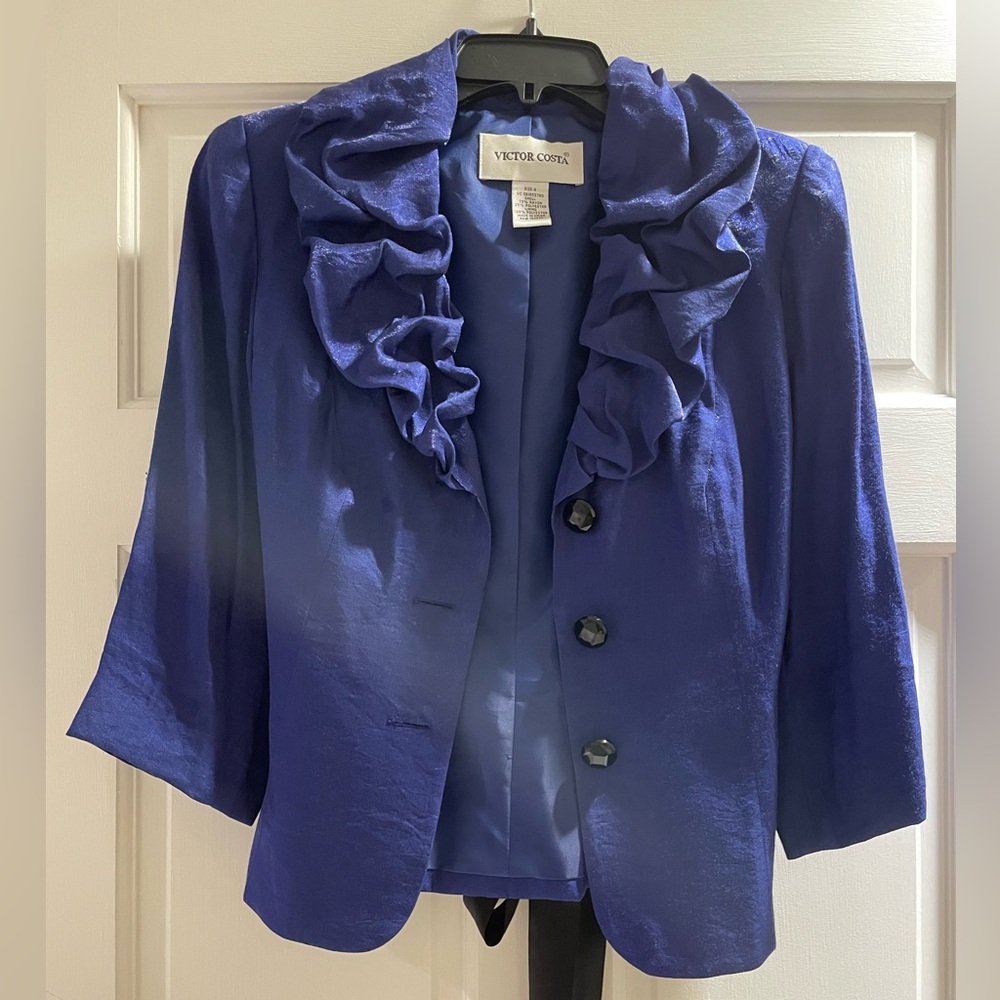 Victor Costa Women's Royal Blue Ruffled Blazer